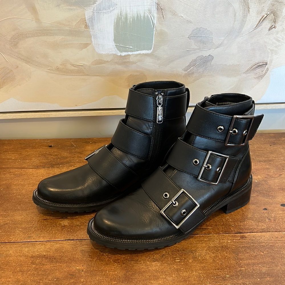 Blondo Black Leather Moto Combat Boots with Buckle Straps